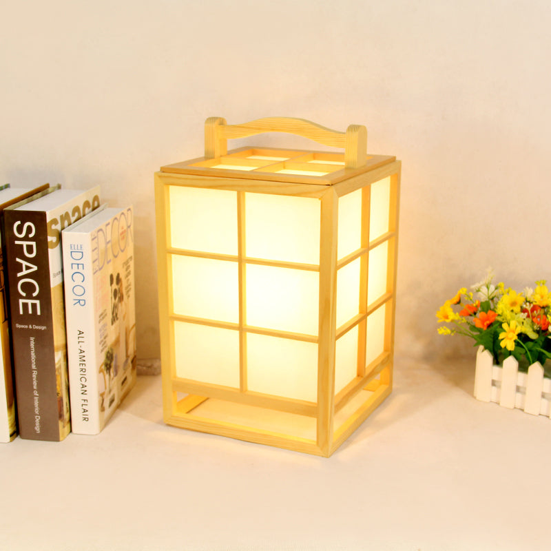 Small Japanese Light Wood Desk Lamp: Rectangular Table With Handle Beige Finish