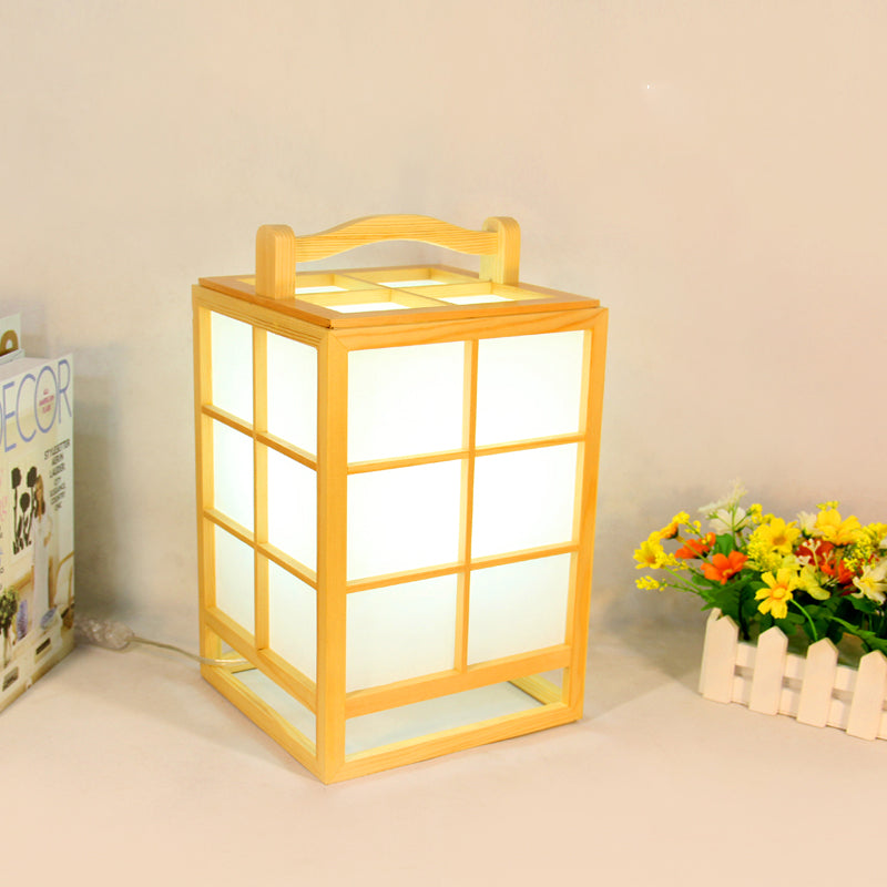 Small Japanese Light Wood Desk Lamp: Rectangular Table With Handle Beige Finish