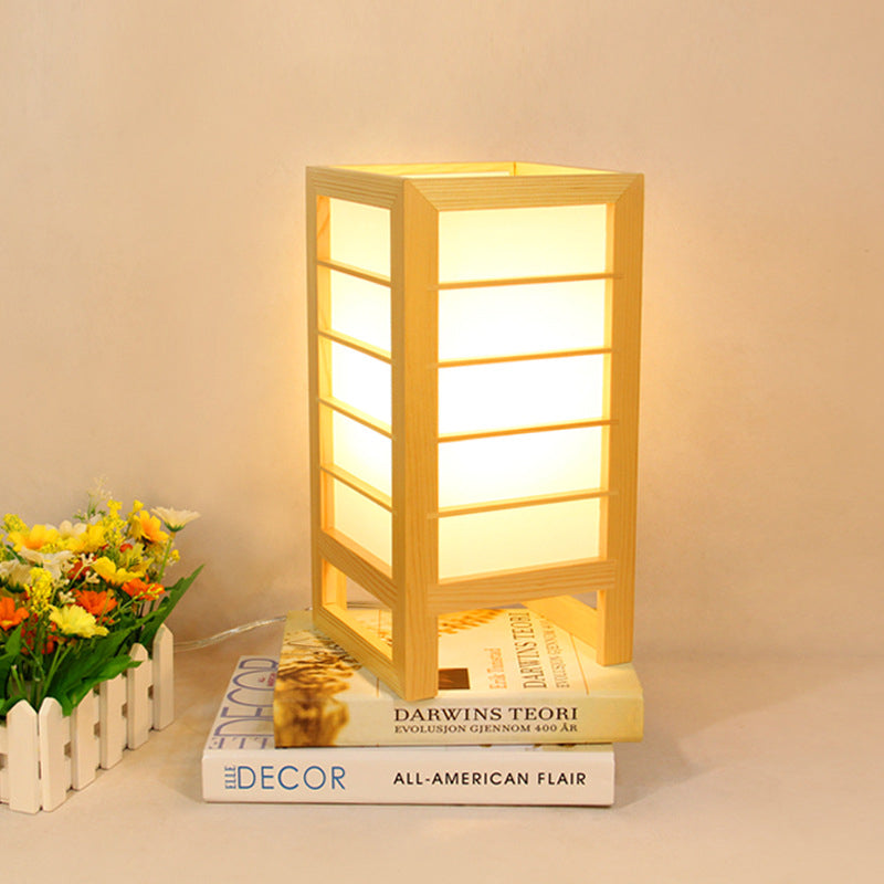 Japanese Beige Reading Lamp With Rectangular Wood Shade - Head Study Task Lighting