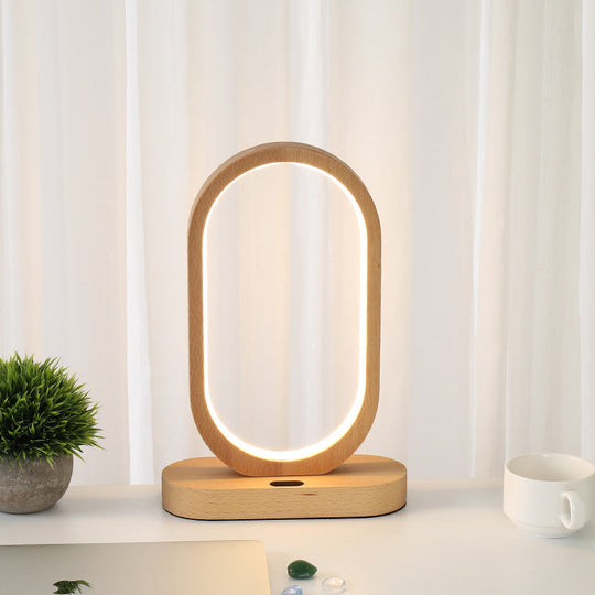 Led Nightstand Lamp - Beige Oblong Shape Contemporary Design With Wood Shade Perfect For Reading