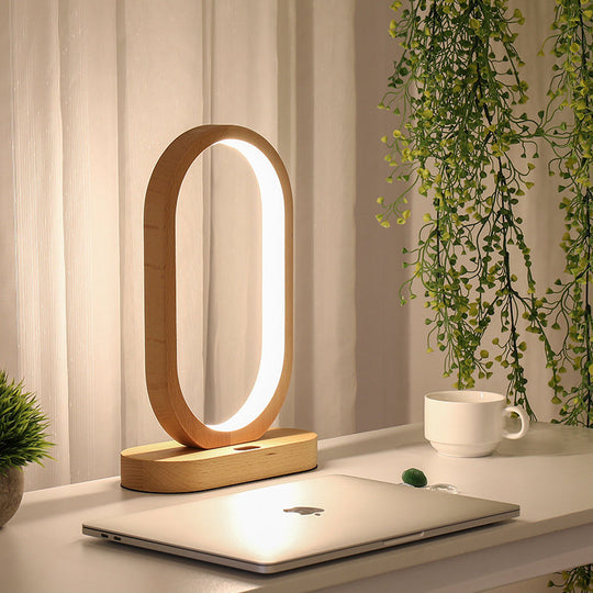 Led Nightstand Lamp - Beige Oblong Shape Contemporary Design With Wood Shade Perfect For Reading