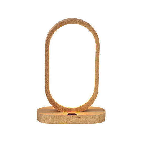 Led Nightstand Lamp - Beige Oblong Shape Contemporary Design With Wood Shade Perfect For Reading