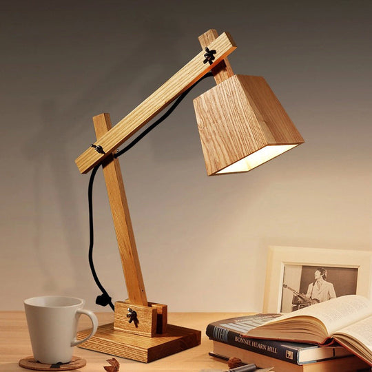 Modern Brown Small Desk Lamp: 1-Bulb Bedroom Table Light With Wood Shade