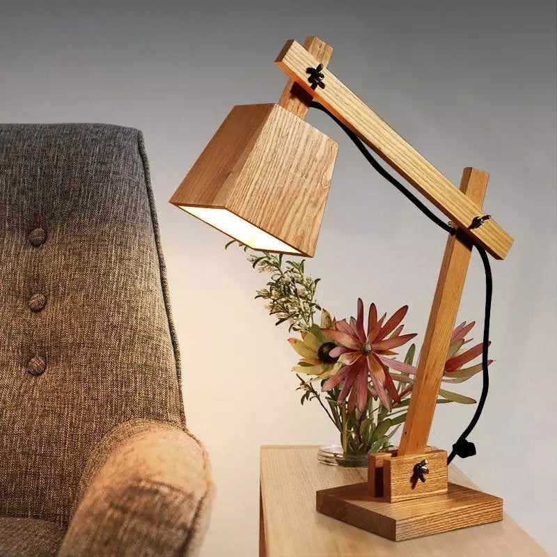 Modern Brown Small Desk Lamp: 1-Bulb Bedroom Table Light With Wood Shade