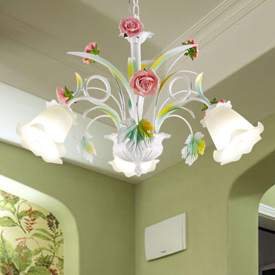 White Glass Rose Chandelier - 3 Bulb Pendant Light For Countryside Living Room