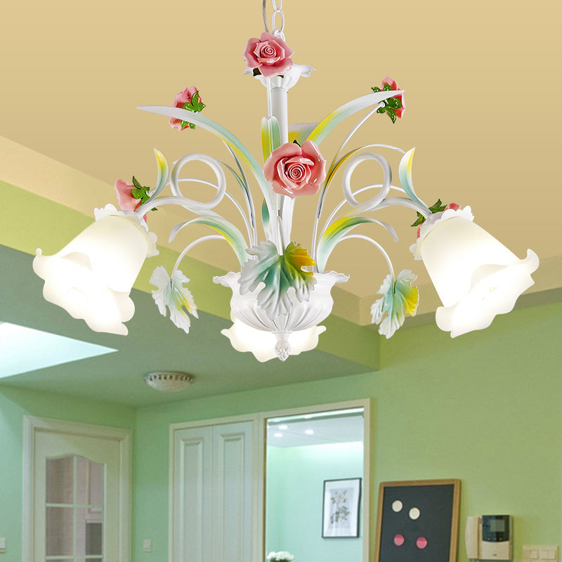 White Glass Rose Chandelier - 3 Bulb Pendant Light For Countryside Living Room