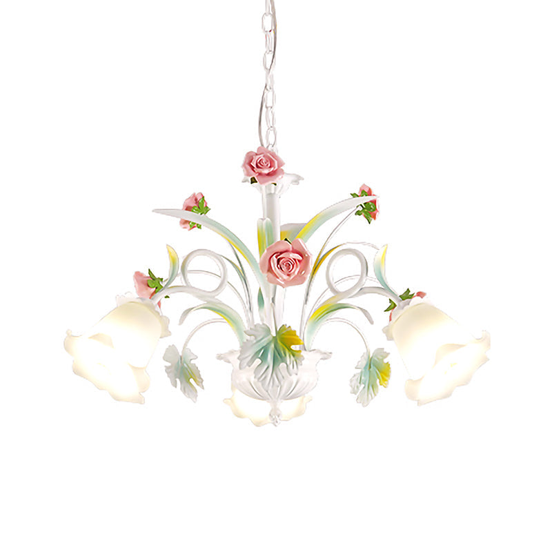 White Glass Rose Chandelier - 3 Bulb Pendant Light For Countryside Living Room