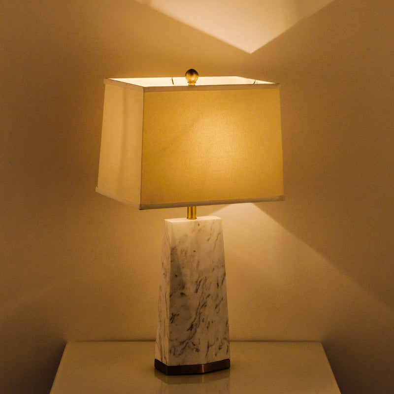 Modern White Trapezoid Table Lamp With Fabric Shade & Marble Base