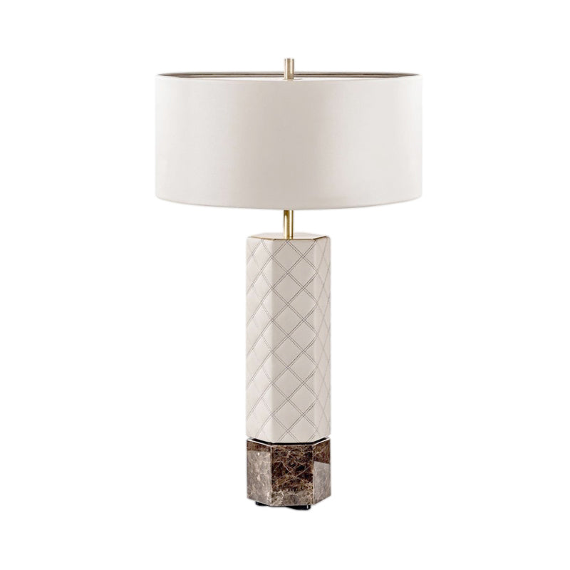 Contemporary White Desk Lamp With Fabric Shade - Cylindrical Night Table Light