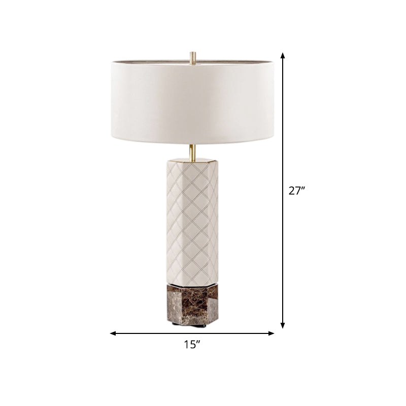 Contemporary White Desk Lamp With Fabric Shade - Cylindrical Night Table Light