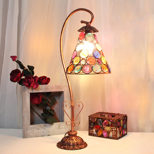 Vintage Metal Night Table Lamp In White/Pink/Red With Curving Arm For Living Room Nightstand