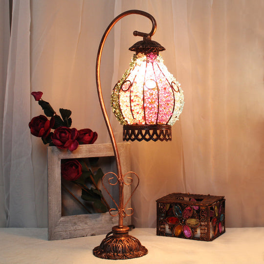 Vintage Metal Night Table Lamp In White/Pink/Red With Curving Arm For Living Room Nightstand