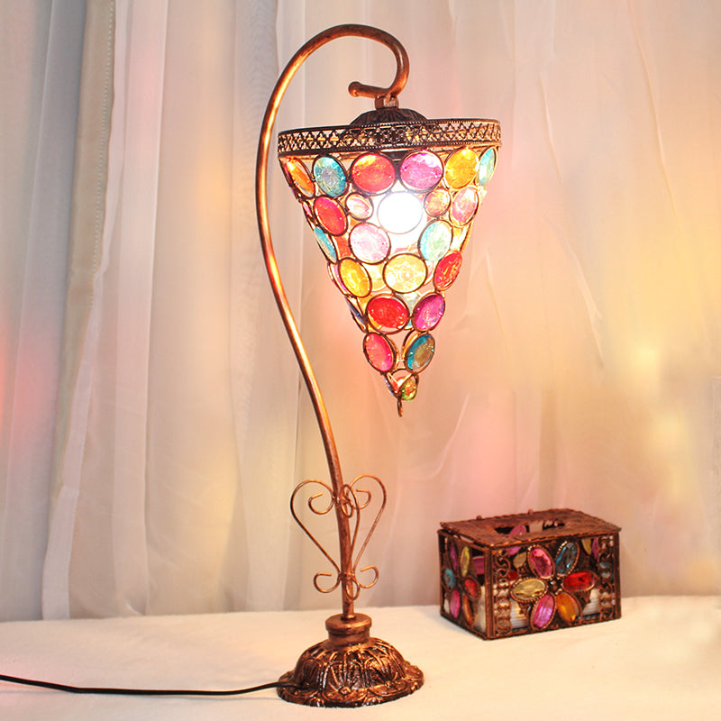 Vintage Metal Night Table Lamp In White/Pink/Red With Curving Arm For Living Room Nightstand