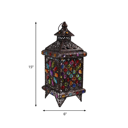 Copper Metal Lantern Nightstand Light Antique 1-Bulb Table Lamp For Living Room