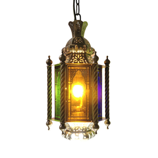 2-Heads Lantern Chandelier: Arab Brass Finish Metallic Hanging Lamp Kit With Multi-Color Glass Shade