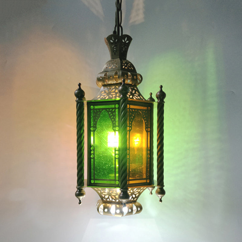 2-Heads Lantern Chandelier: Arab Brass Finish Metallic Hanging Lamp Kit With Multi-Color Glass Shade