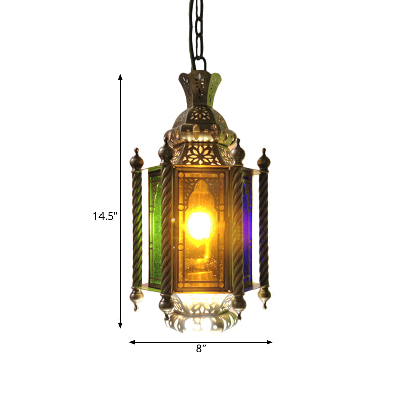 2-Heads Lantern Chandelier: Arab Brass Finish Metallic Hanging Lamp Kit With Multi-Color Glass Shade