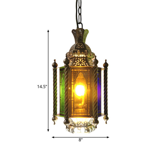 2-Heads Lantern Chandelier: Arab Brass Finish Metallic Hanging Lamp Kit With Multi-Color Glass Shade