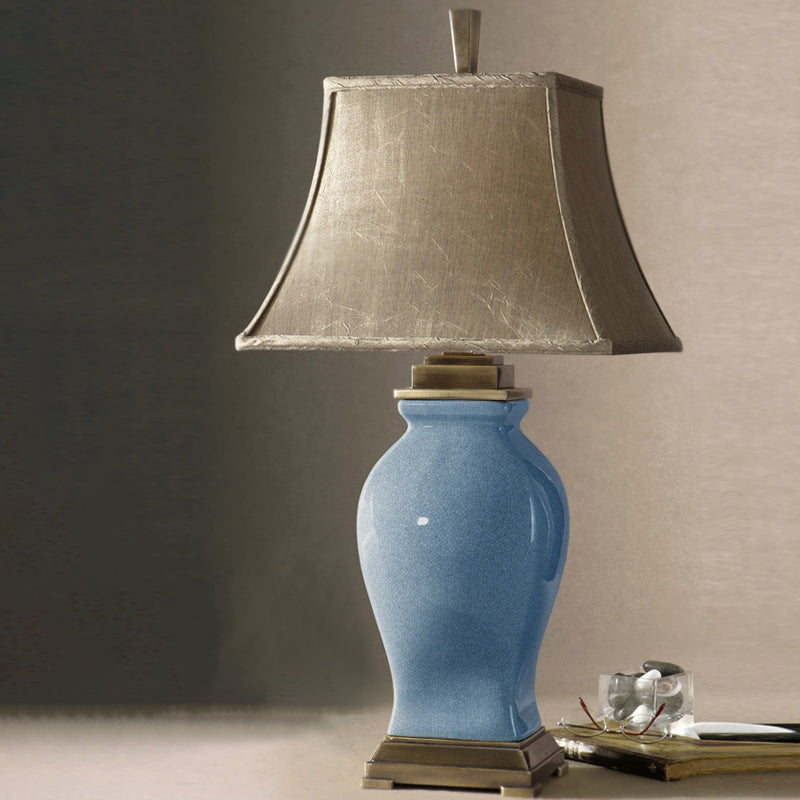 Modernist Blue Bedside Table Lamp With Flared Fabric Shade