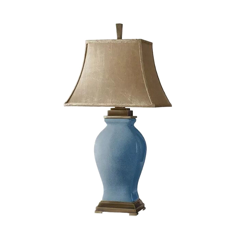 Modernist Blue Bedside Table Lamp With Flared Fabric Shade