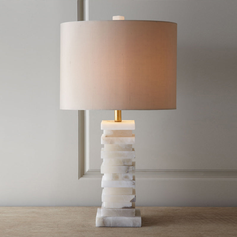 Contemporary White Desk Lamp With Fabric Shade - Cylindrical Night Table Light