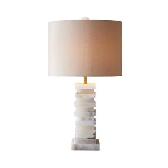 Contemporary White Desk Lamp With Fabric Shade - Cylindrical Night Table Light