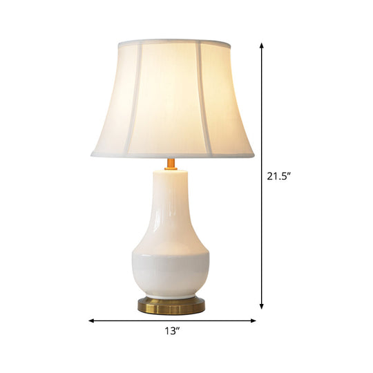 White Modern Bell Shape Desk Lamp With Ceramic Base - Fabric Shade 1 Bulb Table Light