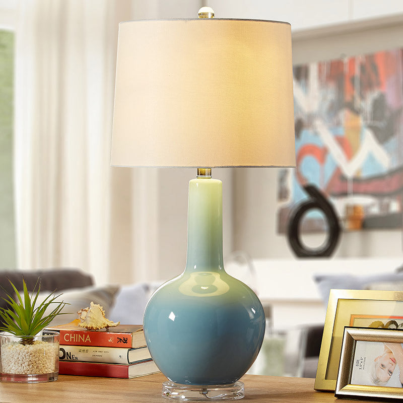 Blue Ceramic Urn-Shaped Nightstand Lamp With Reading Light - Contemporary Design