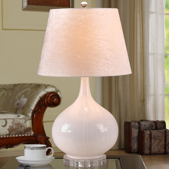 Nordic White Living Room Desk Lamp - Elegant 1-Bulb Reading Light With Fabric Shade