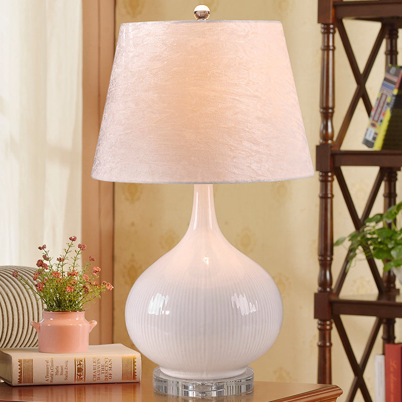 Nordic White Living Room Desk Lamp - Elegant 1-Bulb Reading Light With Fabric Shade