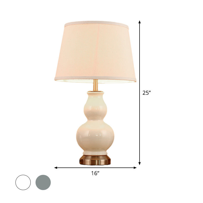 Curved Ceramic Nightstand Lamp: Modern Pink/White Task Light With Fabric Shade 13/16 Wide