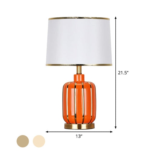 Modern 1- Bulb Nightstand Lamp: Beige/Gold Barrel Reading Light With Fabric Shade