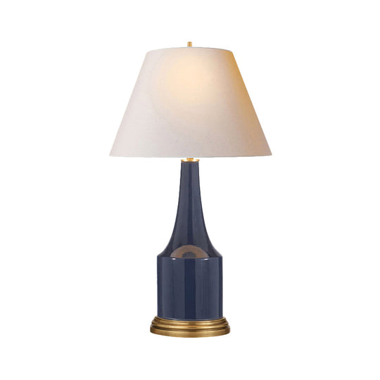 Modern Cone Desk Lamp - White Fabric Shade With Blue Ceramic Base