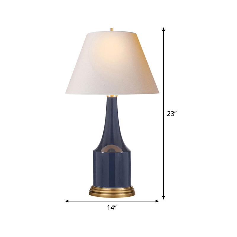 Modern Cone Desk Lamp - White Fabric Shade With Blue Ceramic Base