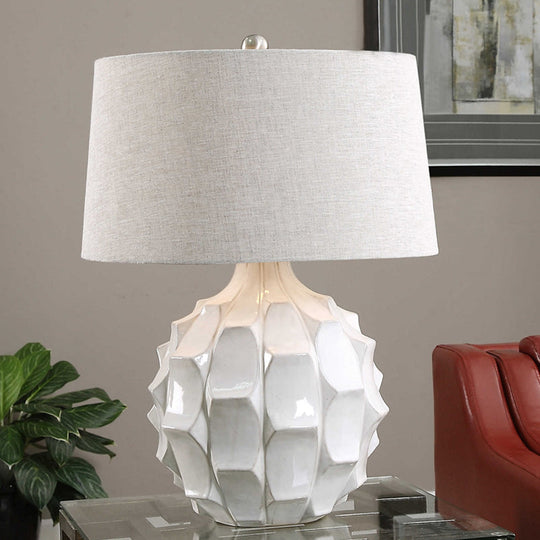 White Fabric Tapered Table Lamp - Modernist Small Desk Light For Bedroom