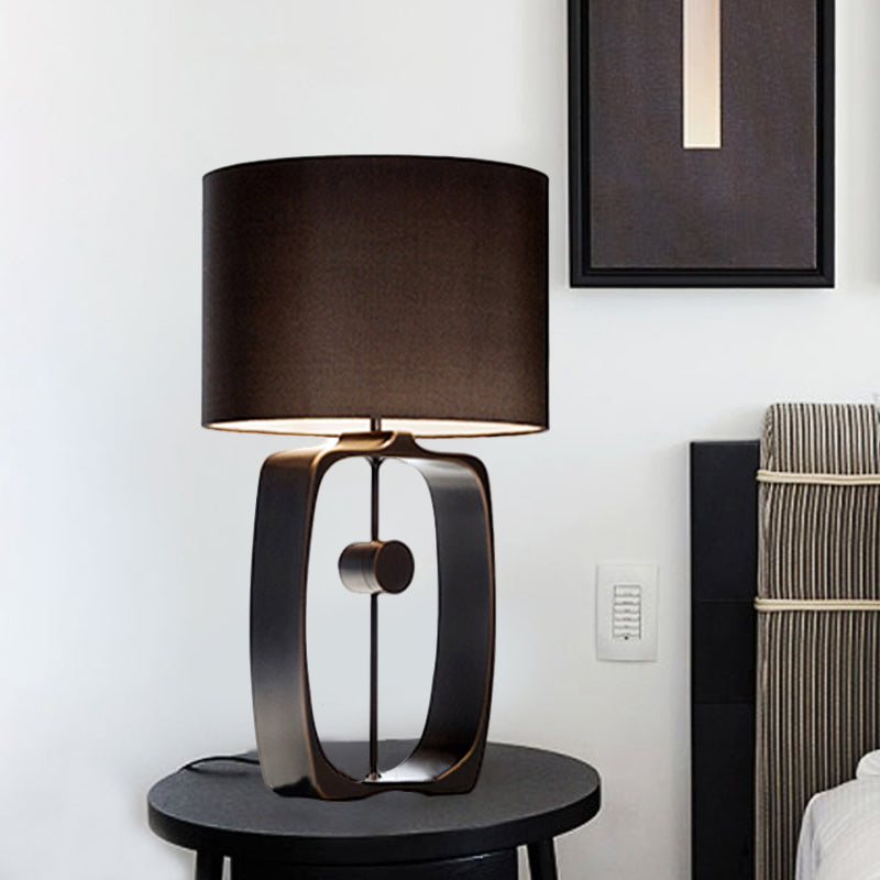 Modern Black Night Table Lamp: Fabric Cylinder Task Light Metal Base