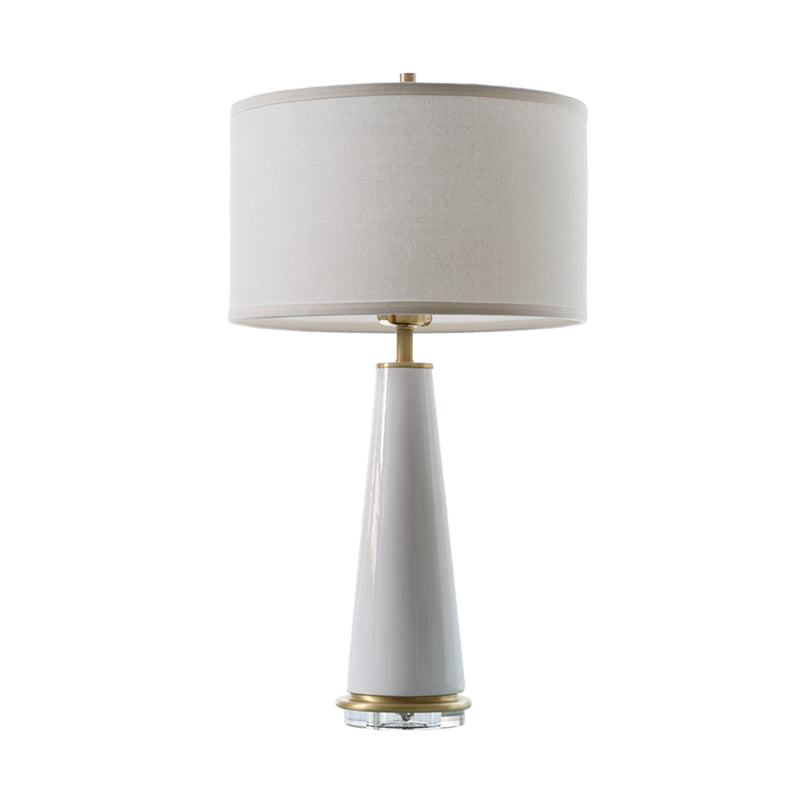 Modern White Fabric Cylinder Table Light With Cone Ceramic Base - 1 Bulb Desk Lamp