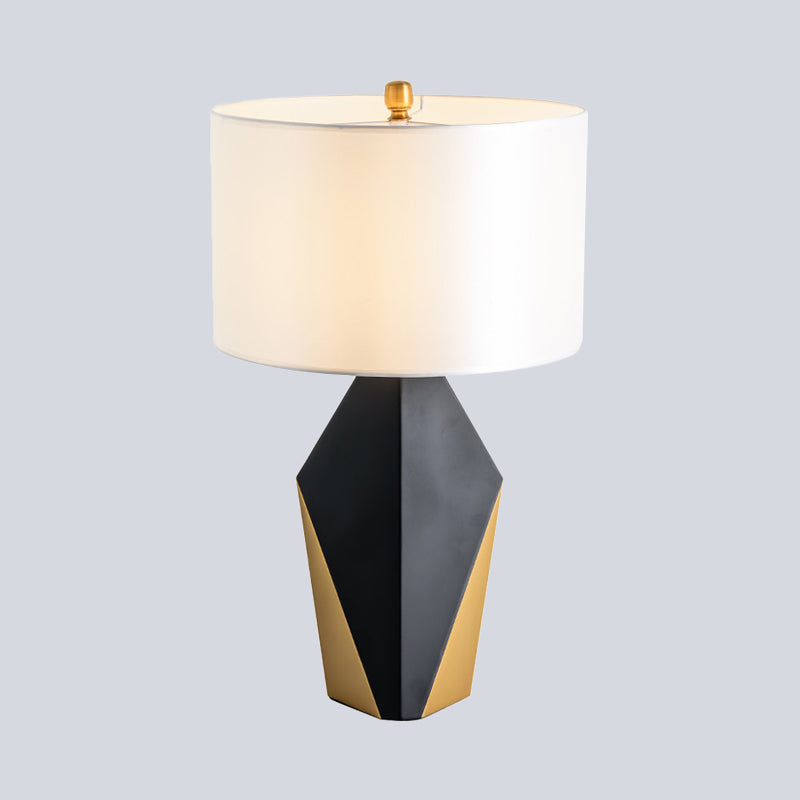 Modern Drum Fabric Table Light With Geometric Black Metal Base - White Reading Lamp