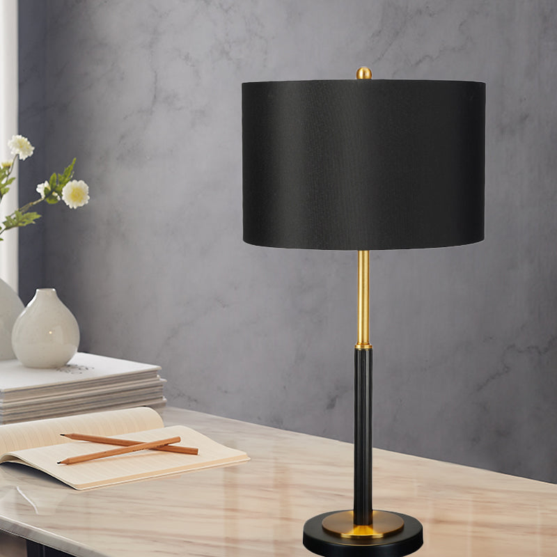 Black Luxury Drum Fabric Night Table Lamp For Living Room - 1 Bulb Nightstand Light