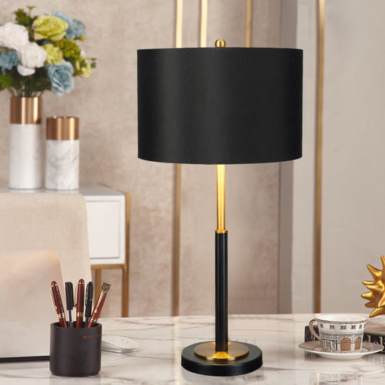 Black Luxury Drum Fabric Night Table Lamp For Living Room - 1 Bulb Nightstand Light