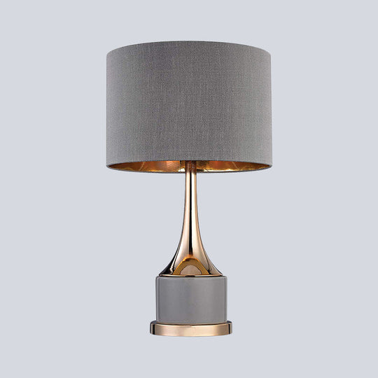 Contemporary Grey/White Cylinder Night Table Light - Fabric Nightstand Lighting For Living Room