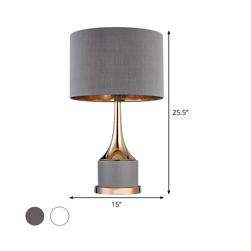 Contemporary Grey/White Cylinder Night Table Light - Fabric Nightstand Lighting For Living Room