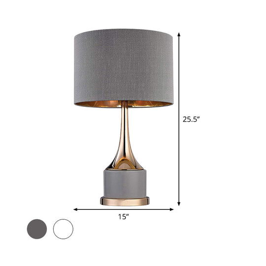 Contemporary Grey/White Cylinder Night Table Light - Fabric Nightstand Lighting For Living Room