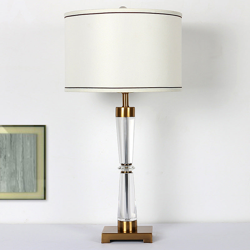 Modern Hourglass Crystal Table Lamp With Gold Base & Fabric Shade