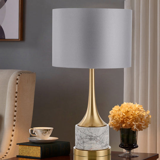 Modern Grey Drum Night Light Metal Table Lamp With Fabric Shade For Living Room