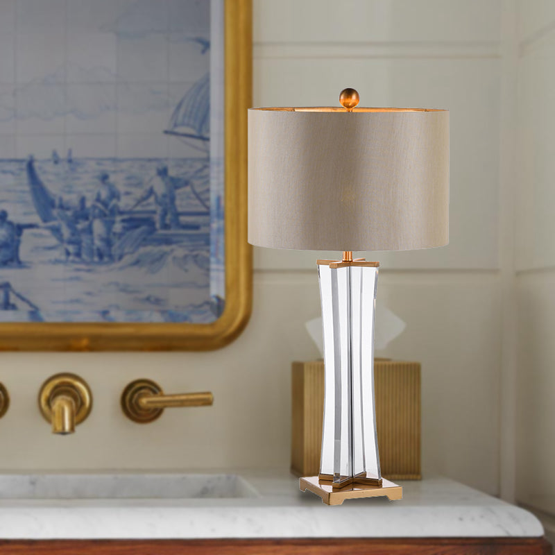 Modernist Fabric Desk Light: Gold Cylinder Night Table Lamp