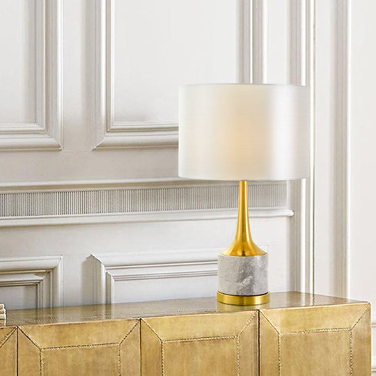 Modern Drum Fabric Nightstand Lamp In White With Marble Base Perfect For Living Room Lighting