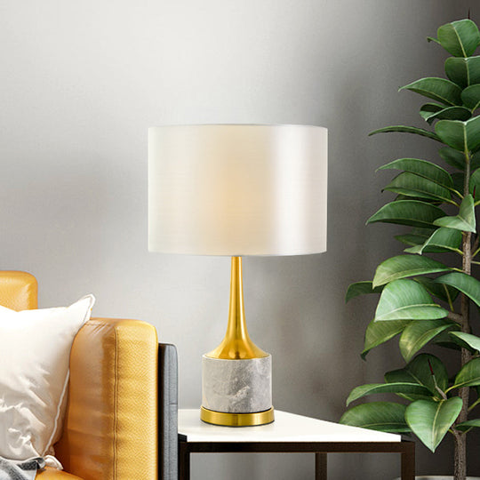 Modern Drum Fabric Nightstand Lamp In White With Marble Base Perfect For Living Room Lighting