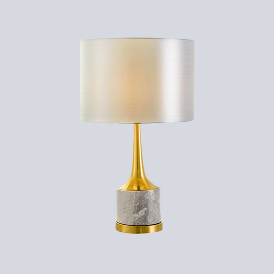 Modern Drum Fabric Nightstand Lamp In White With Marble Base Perfect For Living Room Lighting