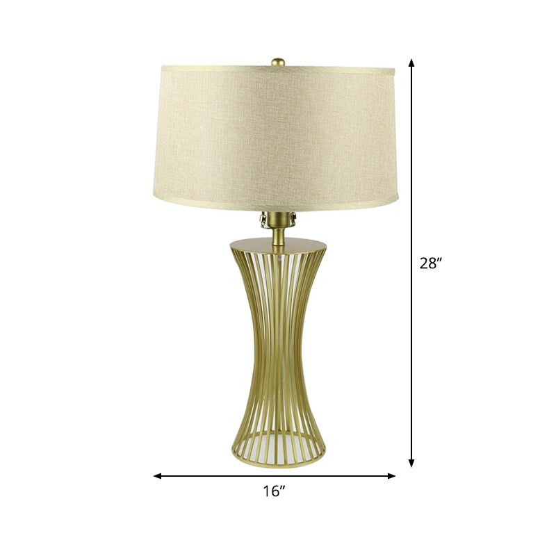 Sleek Green Metal Drum Table Lamp For Bedroom Nightstand - Simple Fabric Shade 1-Bulb Night Lighting